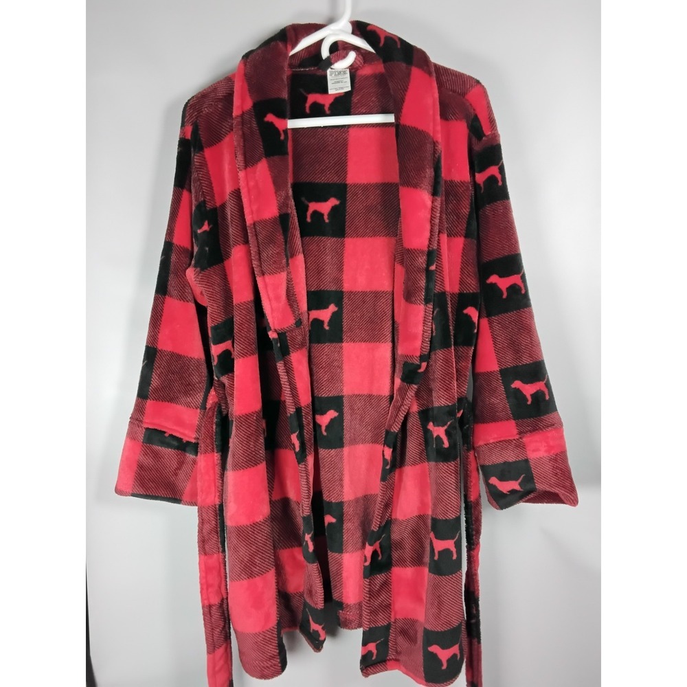 Victorias Secret PINK Robe XS/S Red‎ Black Buffalo Plaid Cozy Velour Logo Short - Picture 5 of 5